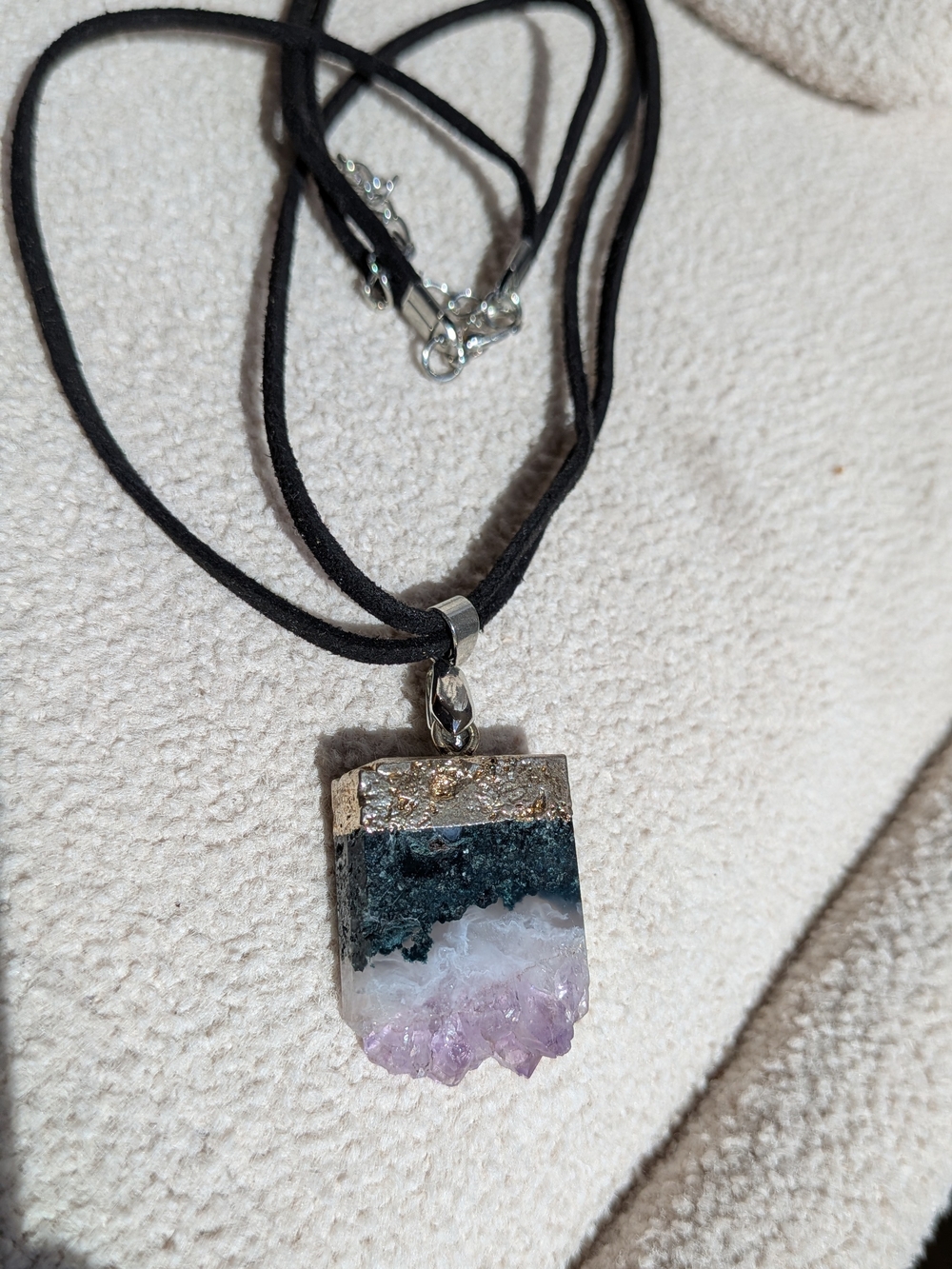 Natural Amethyst & Agate Layered Pendant Necklace - Black Cord